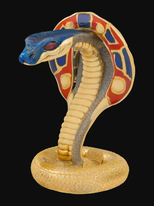 3D model for A polished golden crown with a prominent circular base band and an elegant, sinuous arch overhead. At the front, a multi-colored uraeus cobra with a blue head, black eyes, and golden scaled body rises, its hood flared with red and blue enamel-like sections. The main band is adorned with a geometric pattern of alternating light and dark blue squares, interspersed with smooth, round golden spheres set in red and orange circular frames.