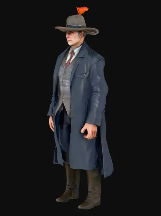 3D model for Infamous character, Human, correct detail, Complete model, smooth and even, detailed, symmetrical, popular, professional craftsmanship, theatrical composure and depth, Contrasting, high resolution, even color tones, detailed textures, symmetrical textures, clarity