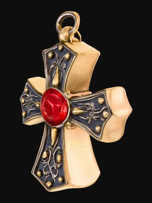 3D model for Golden Cross Artifact with a gem in the center.