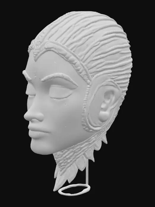 3D model for An intricately sculpted mask with a stylized, serene humanoid face, cast from what appears to be aged bronze or a similar dark metal alloy, approximately 3mm thick. Its surface features a rich, antique bronze coloration with subtle variations, ranging from dark, matte tones to polished, lighter metallic highlights on the raised contours. The mask has smooth, flowing lines and deeply carved organic patterns around the eyes and forehead, contrasting with a fine, slightly granular texture in recessed areas. It conveys a calm, enigmatic expression, feeling cool and substantial to the touch.