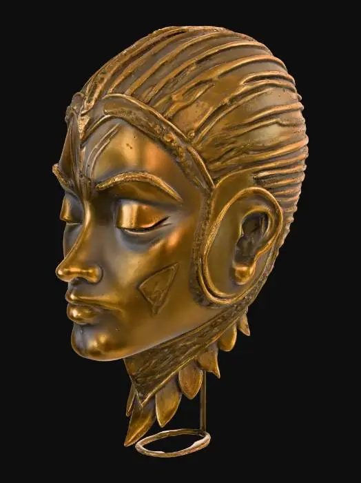 3D model for An intricately sculpted mask with a stylized, serene humanoid face, cast from what appears to be aged bronze or a similar dark metal alloy, approximately 3mm thick. Its surface features a rich, antique bronze coloration with subtle variations, ranging from dark, matte tones to polished, lighter metallic highlights on the raised contours. The mask has smooth, flowing lines and deeply carved organic patterns around the eyes and forehead, contrasting with a fine, slightly granular texture in recessed areas. It conveys a calm, enigmatic expression, feeling cool and substantial to the touch.