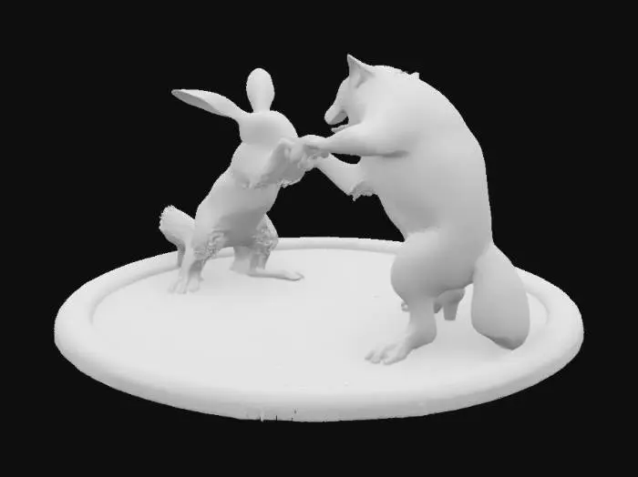 3D model for Box ring in dem ein Hase und ein Wolf miteinander kämpfen, wobei der hase dem Wolf gerade ins Gesicht schlägt während der wolf ins leere schlägt.