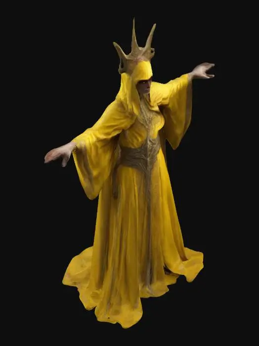 3D model for The king in yellow eldritch entity, long yellow robe, yellow mantle, Fantasy, Medieval, T-pose, Full Body, Ultra Realistic, Highly Detailed, Symmetrical Body