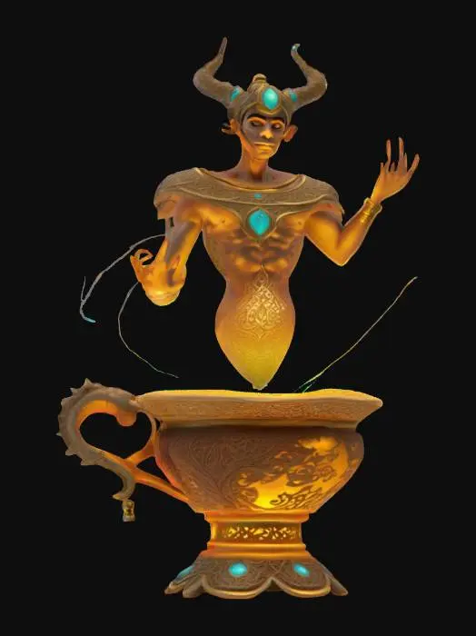 3D model for an Arabic Djinn emerging from a magic lamp, highly detailed, Ultra Realistic, Beautiful details, Intricate Carvings