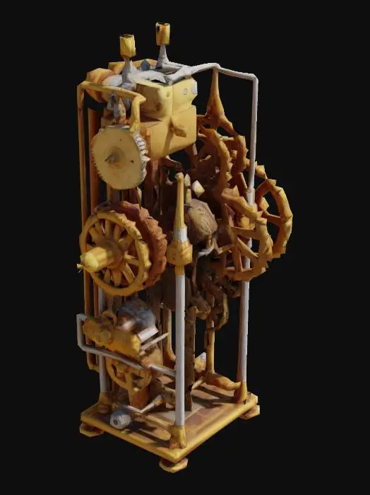 3D model for a tall and long Clockwork Gear Mechanism with many gears and pipes, levers, Mechanically Sophisticated, Technologically Accurate, Vintage, Steampunk, Gold, Silver, Copper, Polished, Highly Detailed, Ultra Realistic