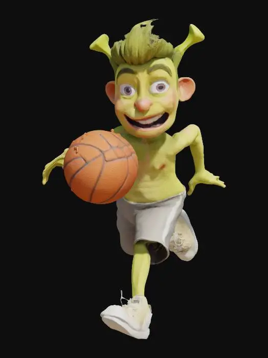 3D model for Jimmy Neutron with Shrek ears playing basketball furiously, Pixar Style, Organic, Gentle, Running, Full Body