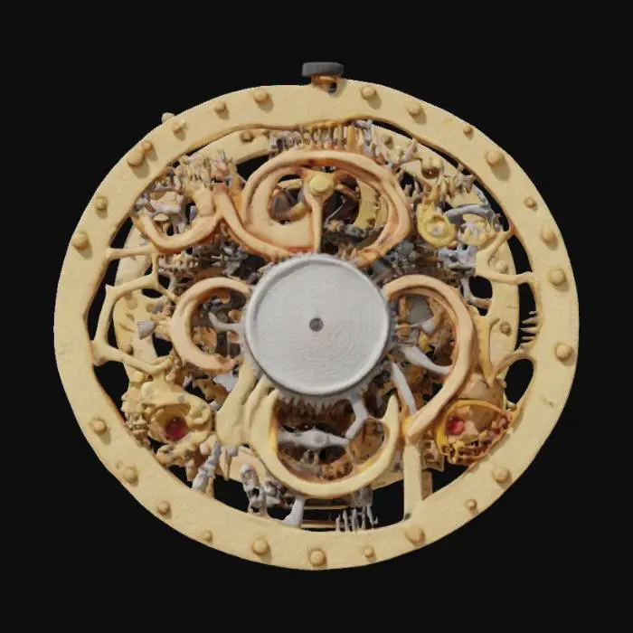3D model for a complex clockwork mechanism with many gears and parts, Vintage, Steampunk, Gold, Silver, Copper, Polished, Highly Detailed, Ultra Realistic