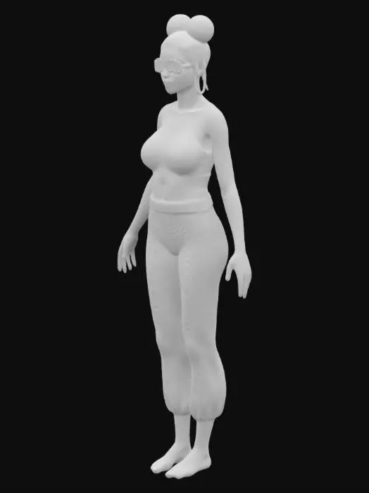 3D model for Theme: A 3D model of a woman with oriental charm, for shooting games.
Style: Realistic and elegant, emphasizing natural beauty and details.
Material: Smooth skin, light green plush yoga clothes, sunglasses, bare feet, ball hair style.
Details: Tall figure, long legs, peachy buttocks, wearing black sunglasses, shiny yoga clothes fabric, realistic hairstyle, A-pose.