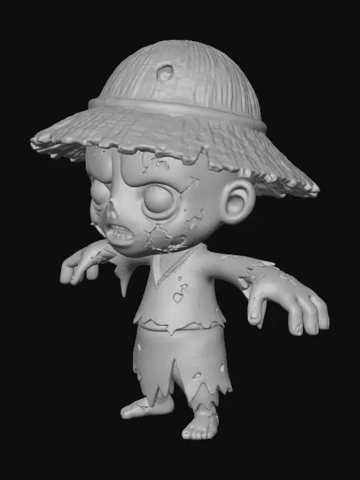 3D model for T pose, chibi, anime, manga, big head, big hands, zombie peasant, white skin, worn clothes