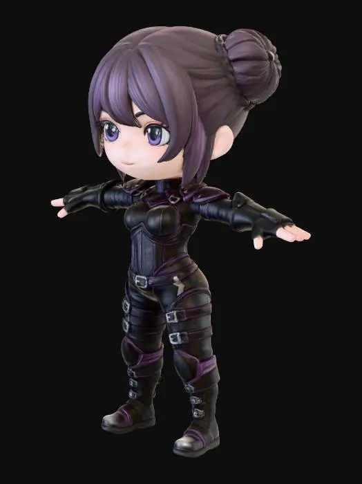 3D model for T pose, chibi, anime, manga, big head, big hands, female, rogue, dark, leather armor, boots, gloves, dark purple hair, buns each side