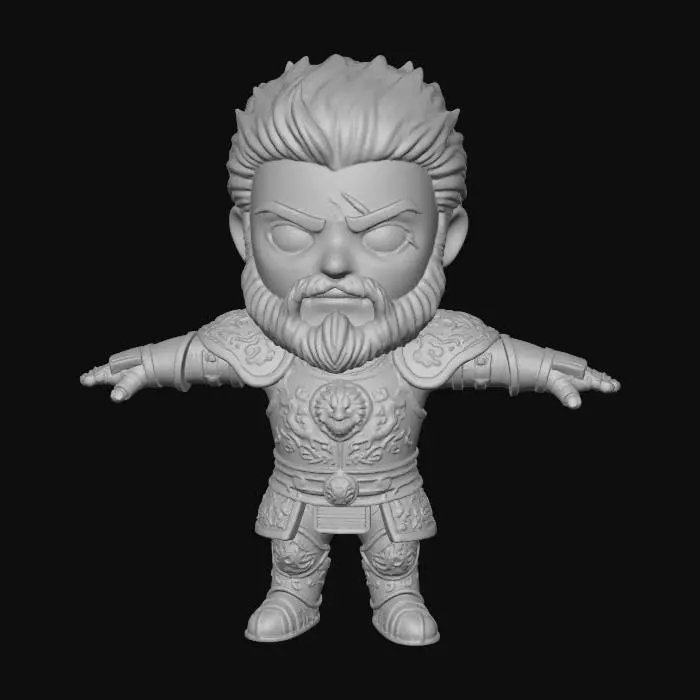 3D model for T pose, chibi, anime, manga, big head, big hands, man, male, warrior, plate armor, scar on face, blue eyes, short black hair, beard