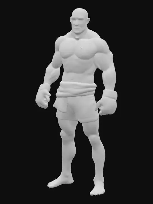 3D model for Stylized UFC action figure of a muscular fighter, standing in a dynamic fighting pose with clenched fists and wide stance. The figure has exaggerated blocky proportions with oversized fists and feet, angular arms and legs, and a sharp square jawline.  He has a buzzcut hairstyle. Detailed tattoos cover chest, arms, and legs, including dragons, script lettering, and geometric symbols. He wears colorful UFC shorts with bold graffiti-style abstract patterns, bright saturated colors, and glossy textures. Realistic MMA gloves with UFC logo and padded knuckles. Vinyl toy aesthetic with smooth matte plastic surface, crisp paint lines, and designer collectible figure style. Highly detailed sculpt with bold edges, cartoon-meets-realism proportions, and a heroic stance.