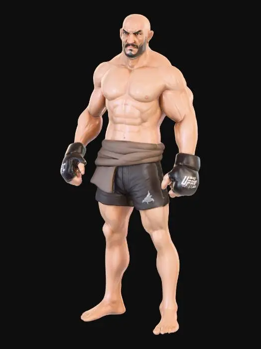 3D model for Stylized UFC action figure of a muscular fighter, standing in a dynamic fighting pose with clenched fists and wide stance. The figure has exaggerated blocky proportions with oversized fists and feet, angular arms and legs, and a sharp square jawline.  He has a buzzcut hairstyle. Detailed tattoos cover chest, arms, and legs, including dragons, script lettering, and geometric symbols. He wears colorful UFC shorts with bold graffiti-style abstract patterns, bright saturated colors, and glossy textures. Realistic MMA gloves with UFC logo and padded knuckles. Vinyl toy aesthetic with smooth matte plastic surface, crisp paint lines, and designer collectible figure style. Highly detailed sculpt with bold edges, cartoon-meets-realism proportions, and a heroic stance.