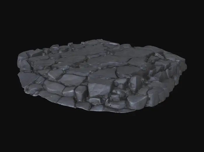 3D model for A rugged, dark grey rocky ground, appearing as if part of a desolate island. The surface is uneven and textured, composed of large, irregular rock formations with sharp edges and visible cracks, suggesting a brittle, hard material like basalt or granite. contrast with the dark rock, indicating a cold or damp environment. The overall impression is one of a harsh, weathered, and unyielding terrain.