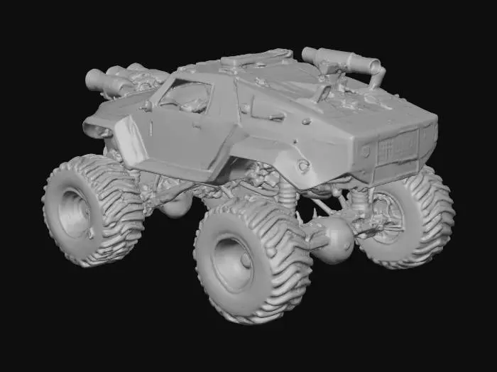3D model for Futuristic monster-truck–style Mars exploration and defense vehicle. Heavy-duty off-road vehicle designed for extreme Martian terrain, with oversized thick rugged tires featuring deep treads and reinforced rims. High ground clearance, powerful suspension system, and wide aggressive stance similar to a monster truck.

Armored body with an angular hard-surface design, featuring advanced sci-fi defense modules such as non-lethal energy cannons, surveillance sensors, radar units, and automated protection turrets integrated into the chassis. No realistic weapons, purely fictional futuristic technology.

Exterior finished in a premium gold metallic body with silver lining accents and panel trims, contrasted with matte black tires and dark mechanical components. Visible panel seams, bolts, vents,