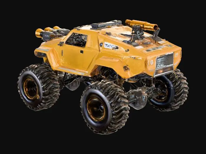 3D model for Futuristic monster-truck–style Mars exploration and defense vehicle. Heavy-duty off-road vehicle designed for extreme Martian terrain, with oversized thick rugged tires featuring deep treads and reinforced rims. High ground clearance, powerful suspension system, and wide aggressive stance similar to a monster truck.

Armored body with an angular hard-surface design, featuring advanced sci-fi defense modules such as non-lethal energy cannons, surveillance sensors, radar units, and automated protection turrets integrated into the chassis. No realistic weapons, purely fictional futuristic technology.

Exterior finished in a premium gold metallic body with silver lining accents and panel trims, contrasted with matte black tires and dark mechanical components. Visible panel seams, bolts, vents,