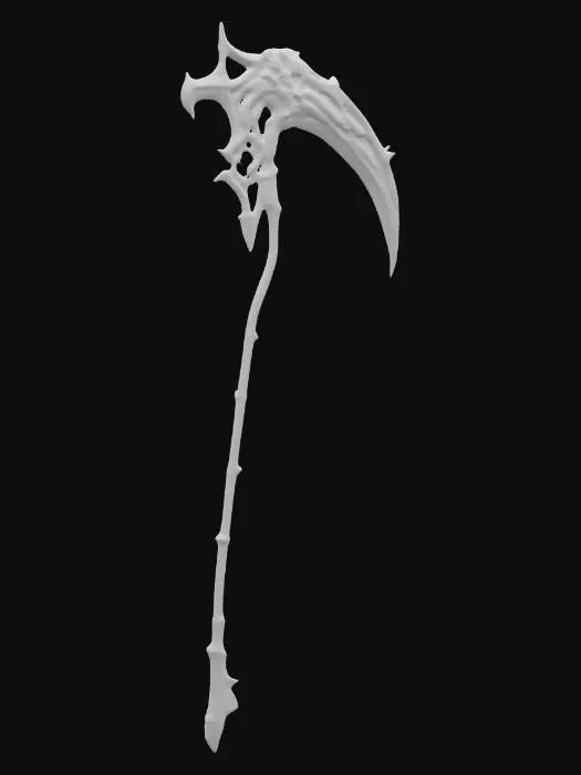 3D model for This weapon is a two-handed scythe with a dark, menacing design. It's primarily black, featuring sharp, jagged edges and an overall demonic or gothic aesthetic. The curved blade is large and sleek, resembling a wing or horn with an organic, almost predatory shape. The shaft is long and slender, ending in a spiked ornament at the bottom. It must be under 4000 triangles!