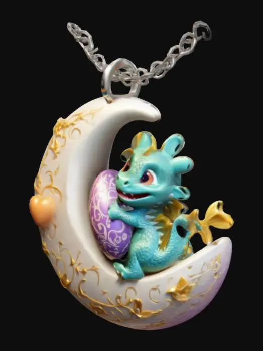 3D model for Design a necklace charm: a crescent moon with baby dragon emerging from a heart-patterned Easter egg #valentine #easter, Pixar-Stil