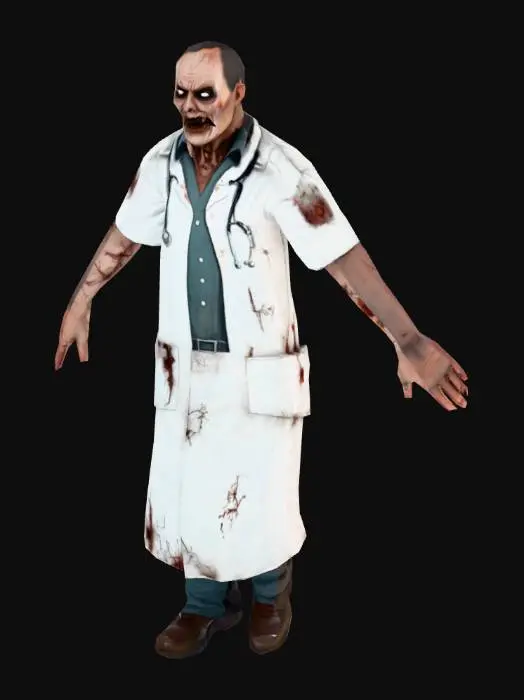 3D model for a horror doctor character standing in a T-Pose, hands raised at sides in a T-Pose, fingers spread apart, stylized, for character rigging