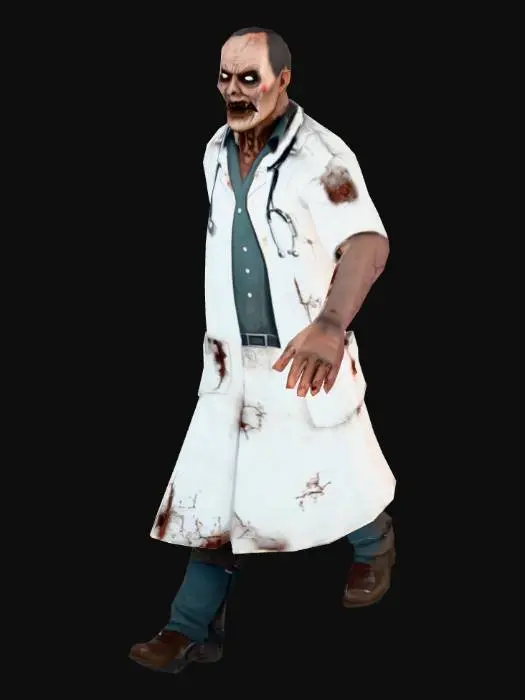 3D model for a horror doctor character standing in a T-Pose, hands raised at sides in a T-Pose, fingers spread apart, stylized, for character rigging