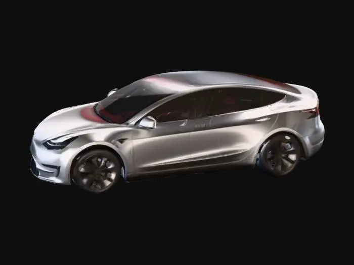3D model for A highly detailed, realistic 3D model of a Tesla Model 3 electric car. Smooth aerodynamic body, metallic paint with reflections, glass windows, detailed wheels and tires, headlights and taillights, Tesla logo on the front and back. The model should look clean and production-ready, with accurate proportions, realistic textures, and PBR materials. Full car body with wheels, suitable for rendering and animation.