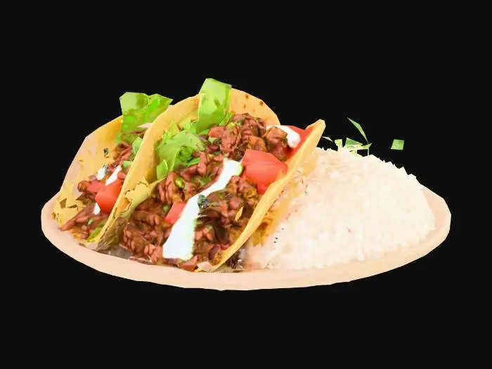 3D model for a plate of tacos and a side of rice and beans