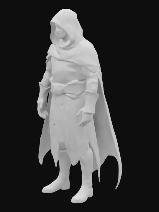 3D model for The object is a dark, hooded, humanoid figure with a flowing, cloak, medioeval dress , and a smooth yet rugged texture, suggesting a mysterious and stealthy character., 