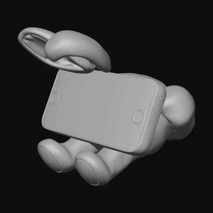 3D model for cute plushy toy with iphone body with a bunny face as the screen image and bunny ears at the top, bunny tail at teh back and something funny for the legs or leg