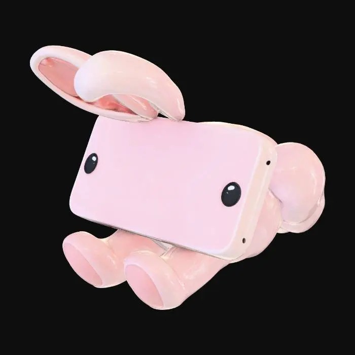 3D model for cute plushy toy with iphone body with a bunny face as the screen image and bunny ears at the top, bunny tail at teh back and something funny for the legs or leg