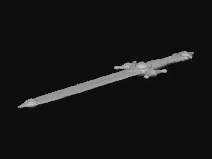 3D model for A highly detailed, ornate 19th-century gothic broadsword. The hilt is made of tarnished, antique gold with intricate filigree and a large, glowing red pommel stone. The blade is dark cold iron with faint, glowing runes etched along the center. The crossguard is shaped like weeping angel wings. High-quality PBR textures, dark Victorian aesthetic, cinematic lighting, 4k resolution, realistic metal and gemstone materials."