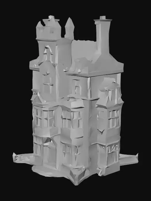 3D model for Victorian Gothic manor house, 1875, Lancashire England. Three storeys, dark grey weathered Yorkshire stone, asymmetrical facade. Steep pointed gabled roof with ornate iron cresting. Square tower on left side with crenellated parapet and narrow lancet windows. Large bay windows with stone mullions and leaded glass, several cracked. Grand arched entrance doorway with heavy oak double doors and carved stone grotesque faces. Tall clustered chimney stacks in dark brick, some crumbling. Stone gargoyles at roof corners. Dead ivy and vines creeping up right wing. Narrow servants wing extending right at lower height. Overgrown gravel forecourt, dead trees either side. No lights visible inside. Realistic, detailed, dark horror game aesthetic. Muted palette of dark greys, blacks and deep browns.