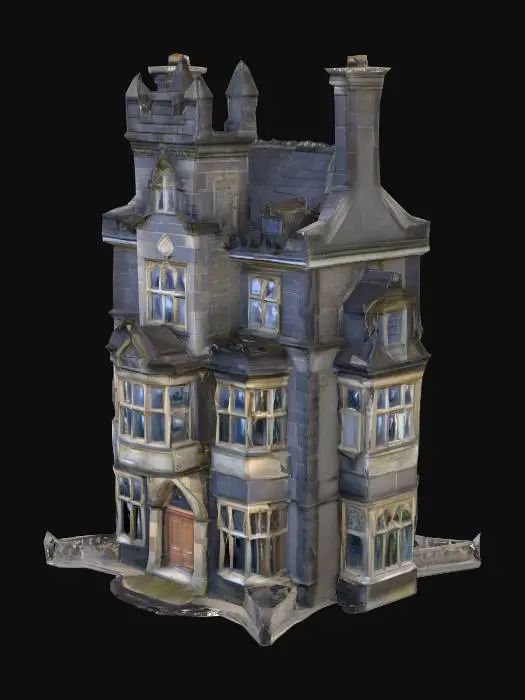 3D model for Victorian Gothic manor house, 1875, Lancashire England. Three storeys, dark grey weathered Yorkshire stone, asymmetrical facade. Steep pointed gabled roof with ornate iron cresting. Square tower on left side with crenellated parapet and narrow lancet windows. Large bay windows with stone mullions and leaded glass, several cracked. Grand arched entrance doorway with heavy oak double doors and carved stone grotesque faces. Tall clustered chimney stacks in dark brick, some crumbling. Stone gargoyles at roof corners. Dead ivy and vines creeping up right wing. Narrow servants wing extending right at lower height. Overgrown gravel forecourt, dead trees either side. No lights visible inside. Realistic, detailed, dark horror game aesthetic. Muted palette of dark greys, blacks and deep browns.