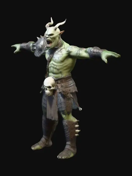 3D model for The hornless orc warrior, Arms outstretched, full-body, bald head,   hyper-detailed. Bone armor made from bone and skulls. Muscular, with scarred green skin, sharp teeth, glowing eyes, and wild hair. He wields a brutal. Dynamic, intimidating, and utterly badass. T pose