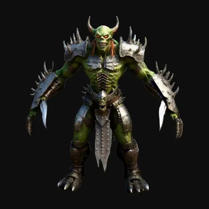 3D model for A ferocious goblin warrior, full-body, hyper-detailed. Jagged metal armor made from scavenged scraps, covered in spikes, skulls, bones, and hanging trophies. Muscular but wiry, with scarred green skin, sharp teeth, glowing eyes, and wild hair. He wields a brutal, oversized weapon forged from rusted steel and bone. Covered in tattoos, piercings, and tribal war paint. Dynamic, intimidating, and utterly badass. T pose