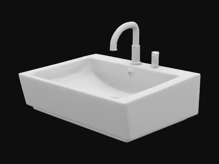 3D model for Create a highly detailed 3D model of a modern rectangular bathroom sink. The sink basin should have clean, sharp lines with a flat bottom and slightly rounded interior edges for realism. Include a sleek countertop integrated into the design.
Add a modern faucet centered behind the basin—tall, curved, and minimalistic, with fine detailing on the spout and handle joints. Include two separate cylindrical handles (one for hot, one for cold), placed symmetrically on either side of the faucet. The faucet and handles should have a brushed metal finish with subtle grooves and edges to show craftsmanship.
Ensure all elements are proportionate and printable, with a balance of form and function. Design with realism in mind: think of something found in a luxury modern apartment or high-end showroom.