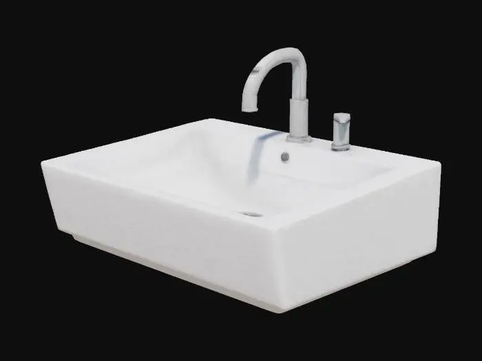 3D model for Create a highly detailed 3D model of a modern rectangular bathroom sink. The sink basin should have clean, sharp lines with a flat bottom and slightly rounded interior edges for realism. Include a sleek countertop integrated into the design.
Add a modern faucet centered behind the basin—tall, curved, and minimalistic, with fine detailing on the spout and handle joints. Include two separate cylindrical handles (one for hot, one for cold), placed symmetrically on either side of the faucet. The faucet and handles should have a brushed metal finish with subtle grooves and edges to show craftsmanship.
Ensure all elements are proportionate and printable, with a balance of form and function. Design with realism in mind: think of something found in a luxury modern apartment or high-end showroom.