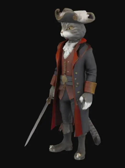 3D model for A lithe, anthropomorphic cat model, standing upright in a dynamic, ready-for-action pose. Its sleek, short fur appears soft with a slightly matted texture, primarily a dark tabby grey with white paws and muzzle. A miniature, ornate rapier with a polished silver hilt is clutched in one paw, its blade glinting faintly. The cat wears a small, feathered tricorn hat, its felt material showing subtle wear, and a tight-fitting, deep red velvet waistcoat over a white, slightly ruffled shirt, suggesting a nimble, adventurous character. T pose