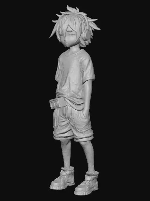 3D model for a 3D pixel art low-poly teenage boy character, 1990s style bedroom setting, slightly top-down perspective, wearing loose pajama pants and an oversized t-shirt, messy short black hair, sleepy eyes, wearing retro headphones connected to a walkman on his belt, stylized PS1-era look, low resolution textures, muted colors, cinematic lighting from a small TV screen, realistic proportions but simplified geometry
Style: "Low-poly"
Art Style: “3D Pixel Art” veya “PS1 aesthetic”
Lighting: “Moody / cinematic / TV glow”
Camera Angle: “Top-down 3/4 view”