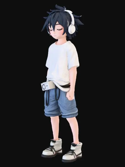 3D model for a 3D pixel art low-poly teenage boy character, 1990s style bedroom setting, slightly top-down perspective, wearing loose pajama pants and an oversized t-shirt, messy short black hair, sleepy eyes, wearing retro headphones connected to a walkman on his belt, stylized PS1-era look, low resolution textures, muted colors, cinematic lighting from a small TV screen, realistic proportions but simplified geometry
Style: "Low-poly"
Art Style: “3D Pixel Art” veya “PS1 aesthetic”
Lighting: “Moody / cinematic / TV glow”
Camera Angle: “Top-down 3/4 view”