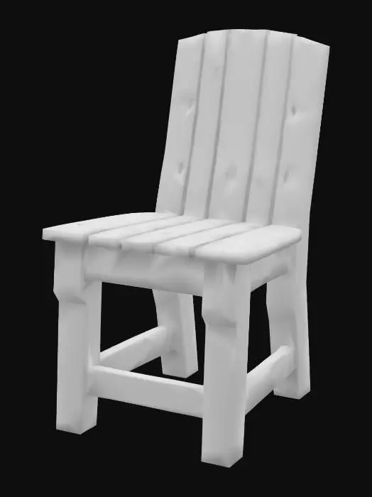 3D model for A rustic wooden chair appears severely distressed and on the verge of collapse, yet remains functionally intact. Its unvarnished wood is a faded, inconsistent brown, exhibiting deep scratches, gouges, and numerous chips revealing rough, splintered edges. Joints are visibly loose, with some dowels protruding or absent, and planks show pronounced cracks. The surface feels coarse and uneven, suggesting prolonged outdoor exposure and heavy wear, giving it a wobbly, unstable presence.