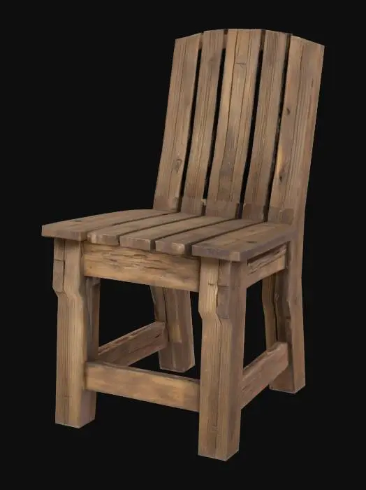 3D model for A rustic wooden chair appears severely distressed and on the verge of collapse, yet remains functionally intact. Its unvarnished wood is a faded, inconsistent brown, exhibiting deep scratches, gouges, and numerous chips revealing rough, splintered edges. Joints are visibly loose, with some dowels protruding or absent, and planks show pronounced cracks. The surface feels coarse and uneven, suggesting prolonged outdoor exposure and heavy wear, giving it a wobbly, unstable presence.