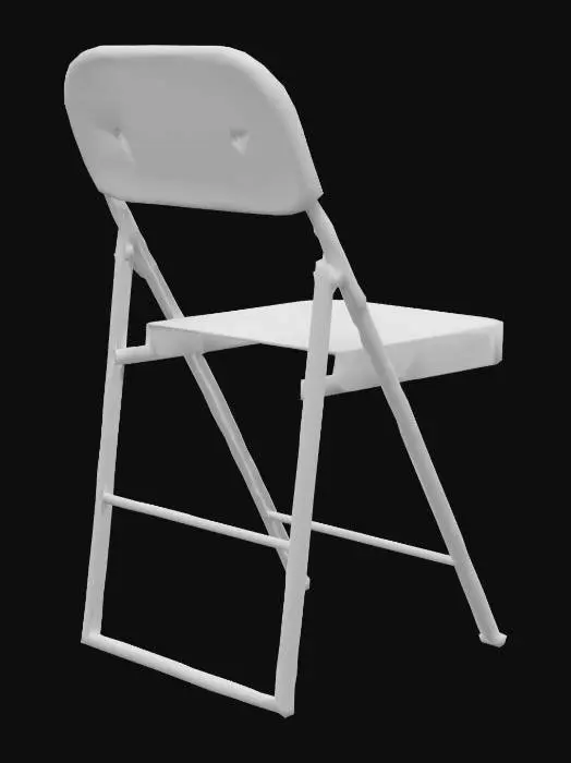 3D model for A classic folding metal chair is entirely consumed by a heavy layer of oxidization, giving it a rough, deeply pitted surface. Its original metallic sheen is replaced by a coarse, gritty texture, predominantly in shades of mottled reddish-brown and burnt orange, with hints of darker, almost black corrosion in crevices. The lightweight tubular frame shows slight warping, and the hinges appear stiff and seized, reinforcing its brittle, neglected appearance. Its surface feels cold and uneven to the touch, suggesting years of outdoor exposure.