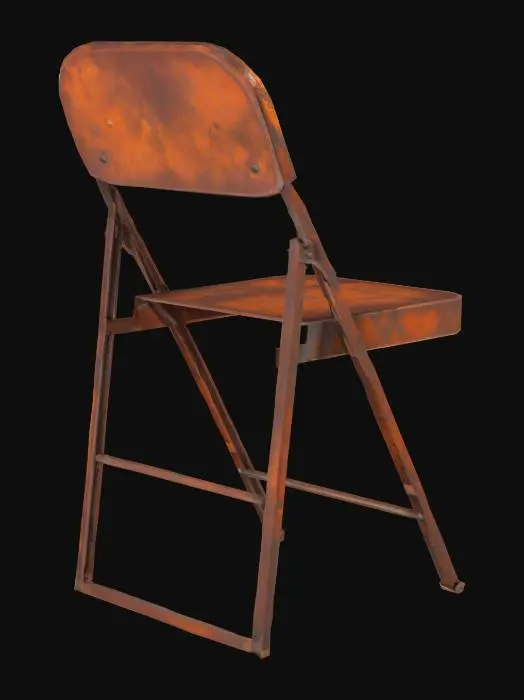 3D model for A classic folding metal chair is entirely consumed by a heavy layer of oxidization, giving it a rough, deeply pitted surface. Its original metallic sheen is replaced by a coarse, gritty texture, predominantly in shades of mottled reddish-brown and burnt orange, with hints of darker, almost black corrosion in crevices. The lightweight tubular frame shows slight warping, and the hinges appear stiff and seized, reinforcing its brittle, neglected appearance. Its surface feels cold and uneven to the touch, suggesting years of outdoor exposure.