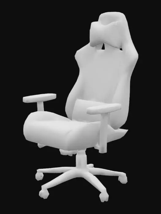 3D model for An ultimate gamer chair presents a commanding, ergonomic silhouette, often resembling a racing seat with a tall, winged backrest and pronounced headrest. It's typically upholstered in sleek, durable faux leather or a performance fabric, with contrasting vibrant color accents and precise stitching. The material feels smooth and resilient, often featuring perforated sections for breathability. Its robust, five-star base supports firm, sculpted cushioning designed for prolonged comfort, creating a substantial and commanding presence.