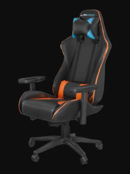 3D model for An ultimate gamer chair presents a commanding, ergonomic silhouette, often resembling a racing seat with a tall, winged backrest and pronounced headrest. It's typically upholstered in sleek, durable faux leather or a performance fabric, with contrasting vibrant color accents and precise stitching. The material feels smooth and resilient, often featuring perforated sections for breathability. Its robust, five-star base supports firm, sculpted cushioning designed for prolonged comfort, creating a substantial and commanding presence.
