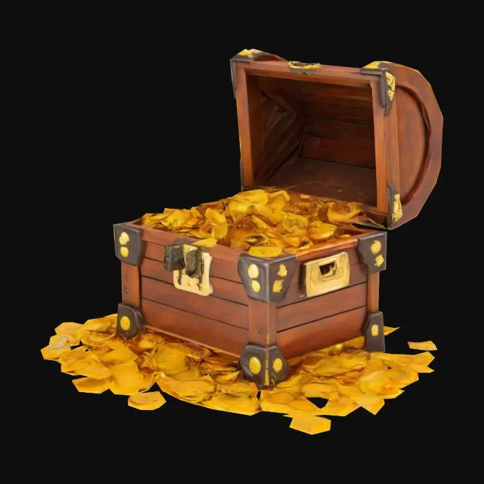 3D model for "Captain Kidd's Treasure Lounger" is an open treasure chest, repurposed as a chair, its dark, sturdy wooden frame almost entirely obscured. It overflows with a colossal pile of cartoonishly oversized gold coins and shimmering gems, forming the seat. These coins and jewels are crafted from smooth, hard, polished plastic, each piece chunky and brightly colored in unrealistic golds, reds, blues, and greens. The texture feels slick and unyielding, creating a rigid, uneven surface that gleams with a bold, almost gaudy shine.