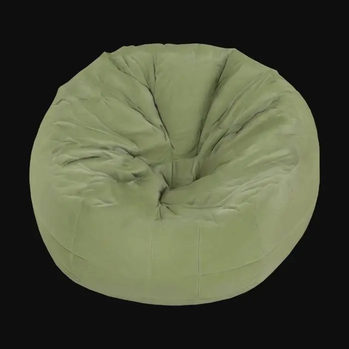 3D model for A classic, generously sized bean bag presents an invitingly amorphous form, appearing soft and pliable. It's typically upholstered in a durable, subtly textured fabric like thick canvas, soft corduroy, or napped velvet, giving it a comforting, worn feel. Its surface readily yields and conforms to pressure, feeling squishy and fluid due to the internal filling. Without a rigid frame, its shape is inherently organic, often appearing slightly deflated when unoccupied, and is usually a solid, muted color like deep brown, forest green, or classic beige.