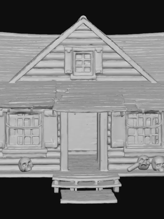 3D model for Creepy abandoned cabin model for 3D filament printing, broken wood planks, sagging roof, shattered windows, vines and roots wrapping around the structure, skulls and bones half-buried at the base, eerie carvings in the wood grain, optimized as a freestanding printable centerpiece with horror detail.