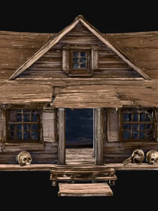 3D model for Creepy abandoned cabin model for 3D filament printing, broken wood planks, sagging roof, shattered windows, vines and roots wrapping around the structure, skulls and bones half-buried at the base, eerie carvings in the wood grain, optimized as a freestanding printable centerpiece with horror detail.