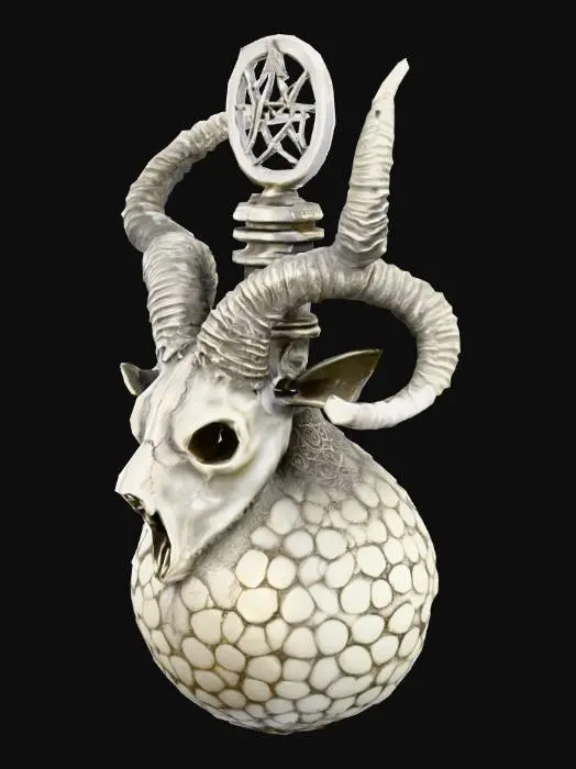 3D model for a metal potion in the shape of a goat skull, with a pentagram as a stopper